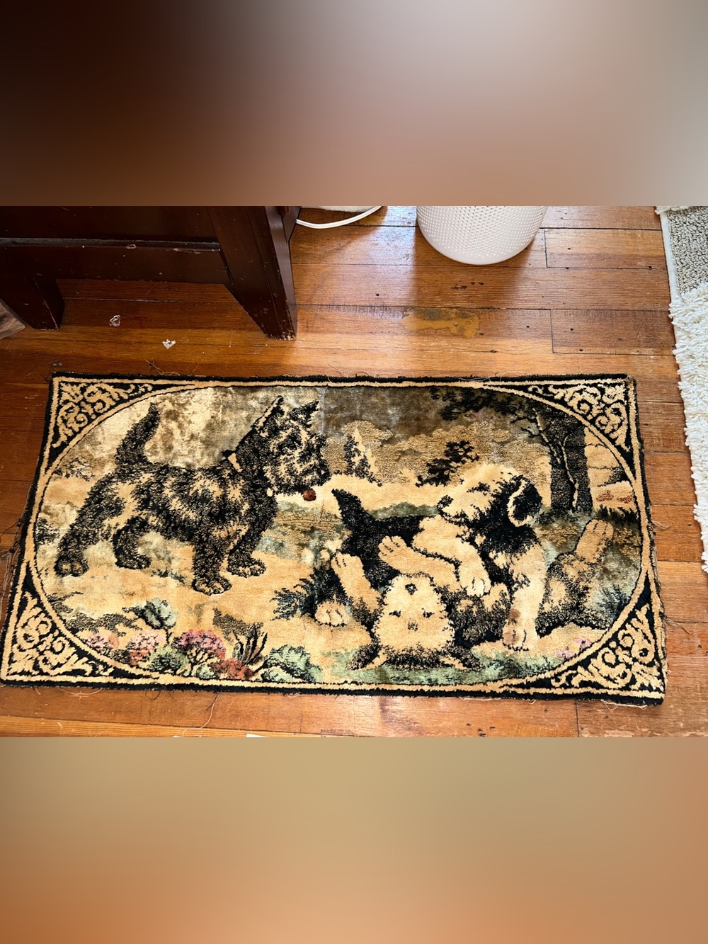 Vintage velvet Scottish terrier puppies dogs tapestry rug carpet damaged